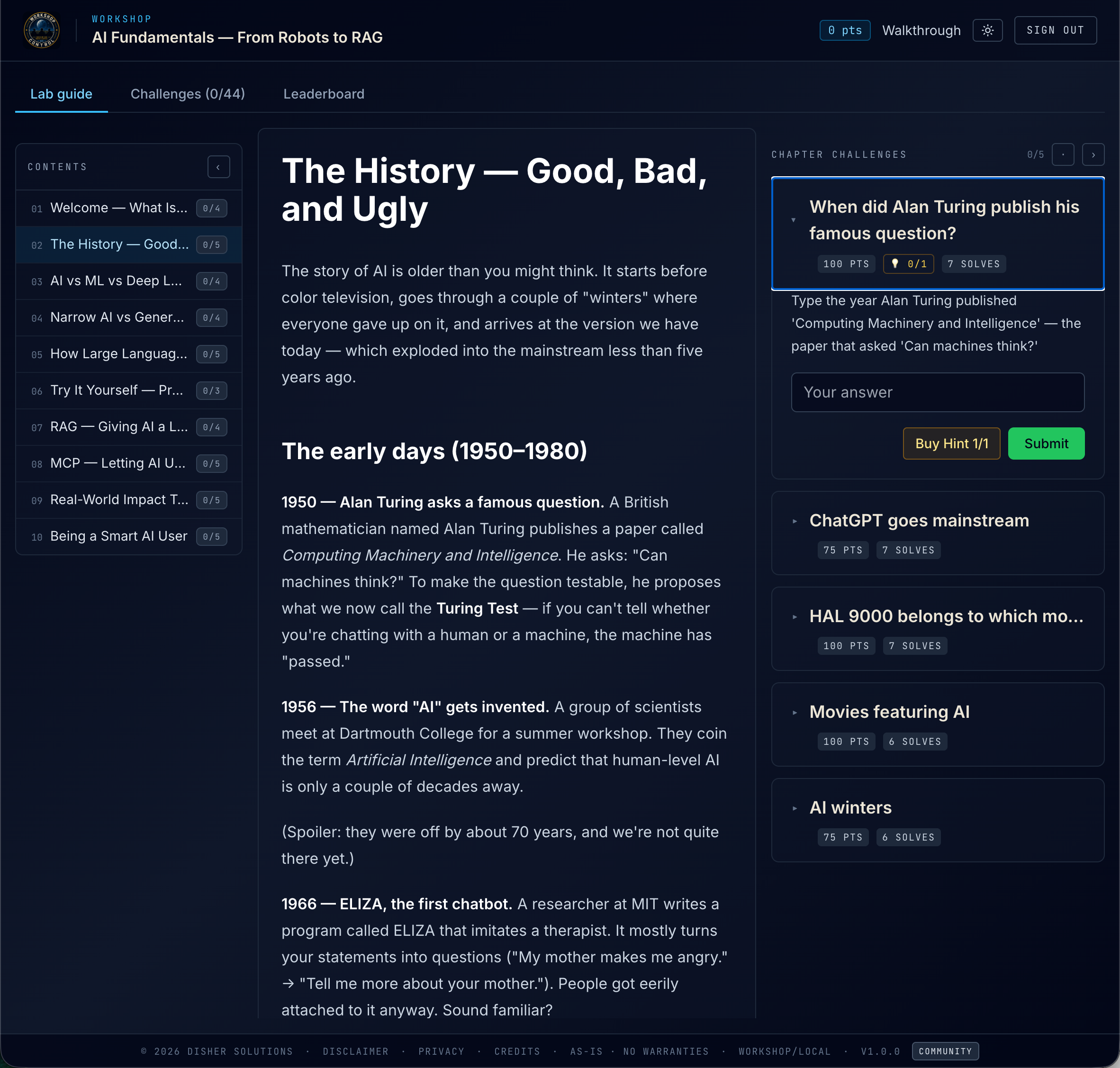 Participant view: chapter content with TOC sidebar